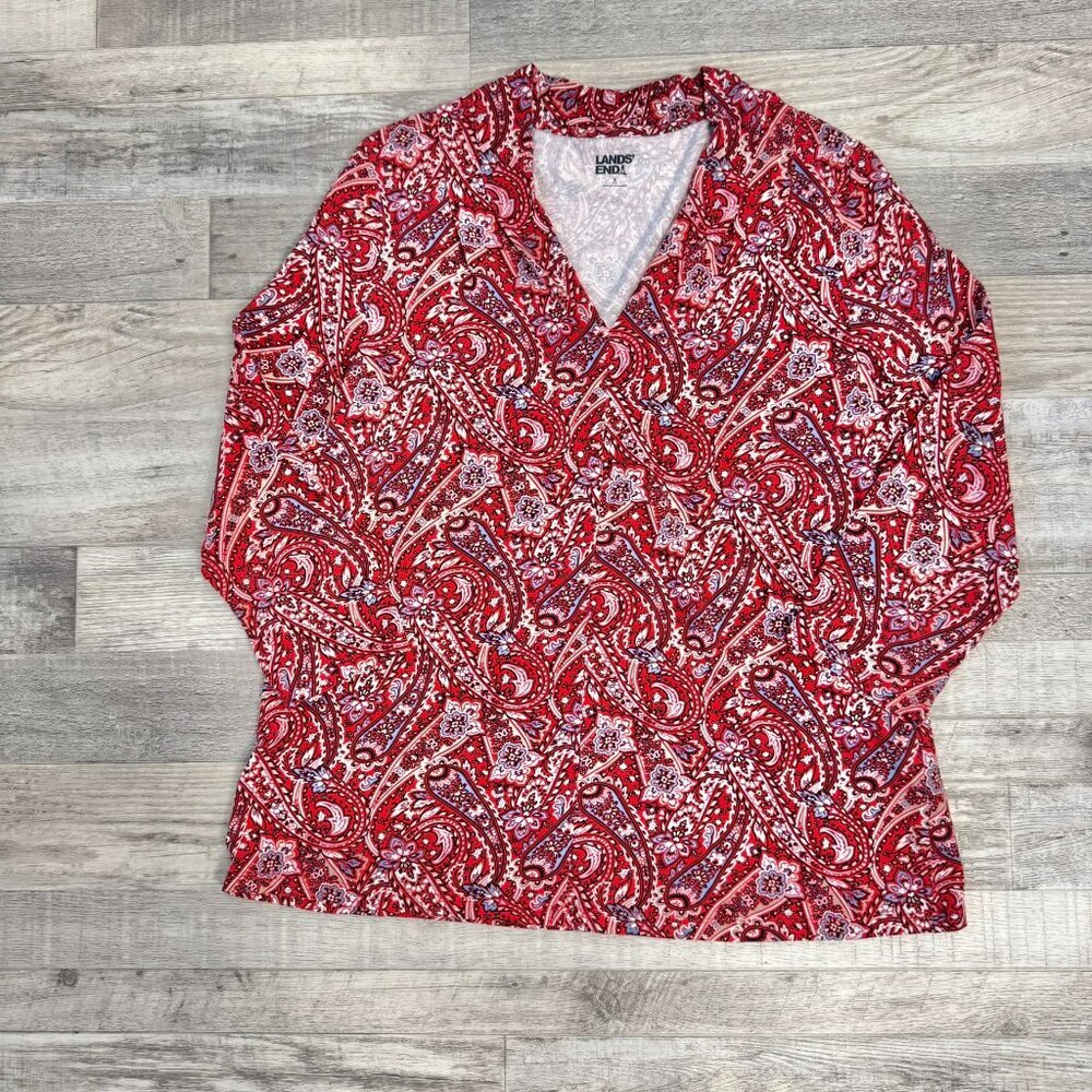 Land's End Red Blue Paisley 3/4 Sleeve V-Neck Knit Top R22 - Picture 1 of 6